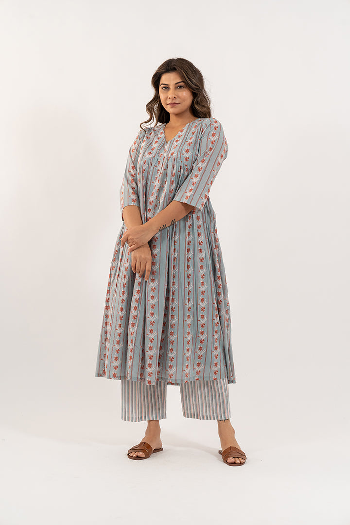 Cotton Printed Kurta- Slate Blue