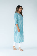 Cotton Ikat Kurta - Aqua Blue