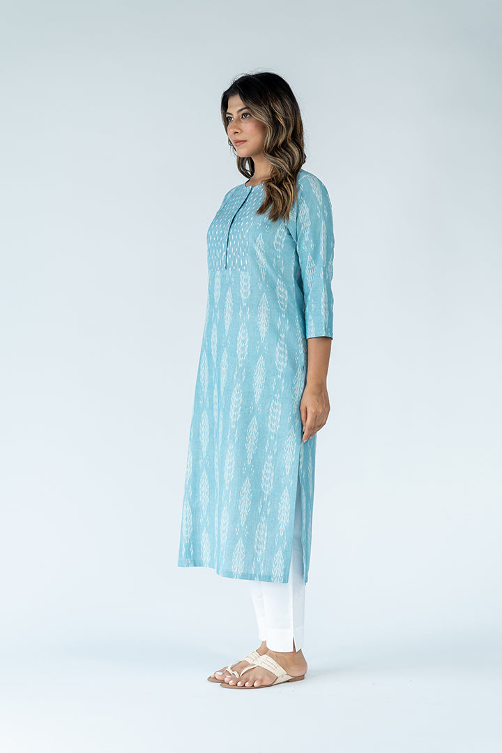 Cotton Ikat Kurta - Aqua Blue