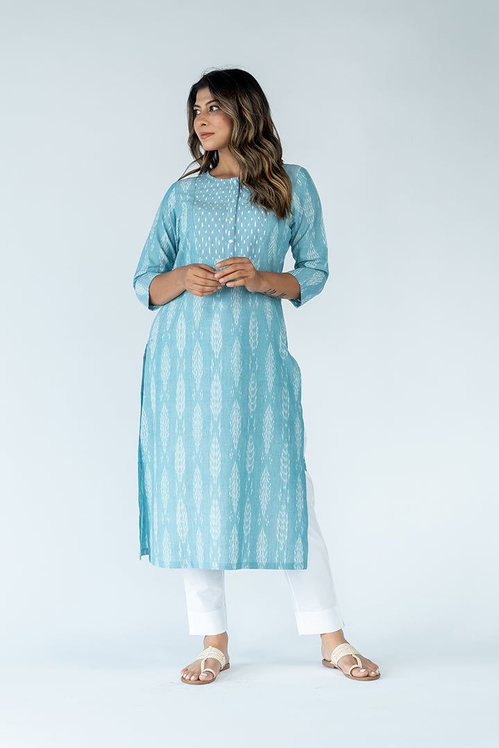 Cotton Ikat Kurta - Aqua Blue