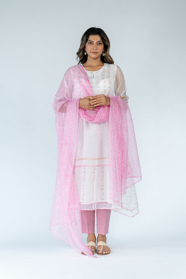 Kota Doria Hand Block Printed Dupatta - Pink