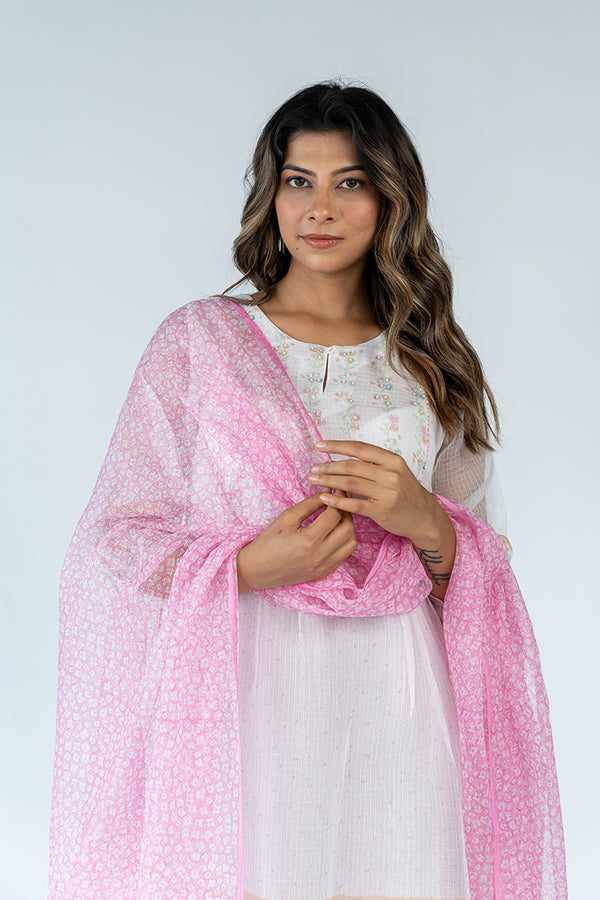 Kota Doria Hand Block Printed Dupatta - Pink