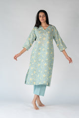 Cotton Hand Block Printed Kurta - Blue