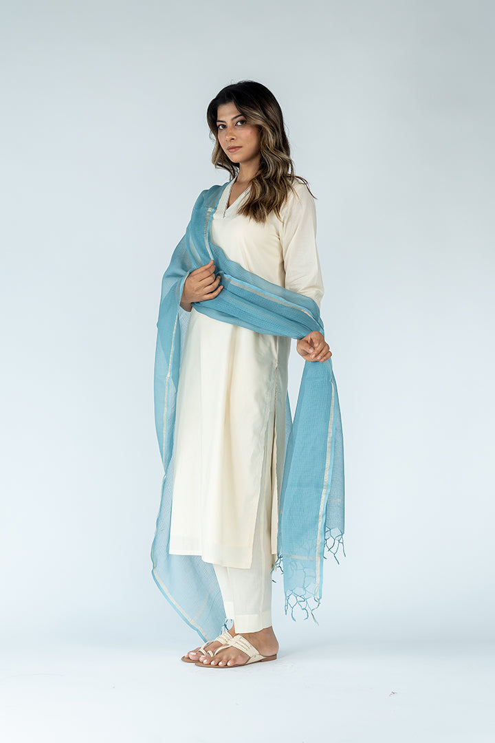 Cotton Kota Doria Dupatta - Slate Blue