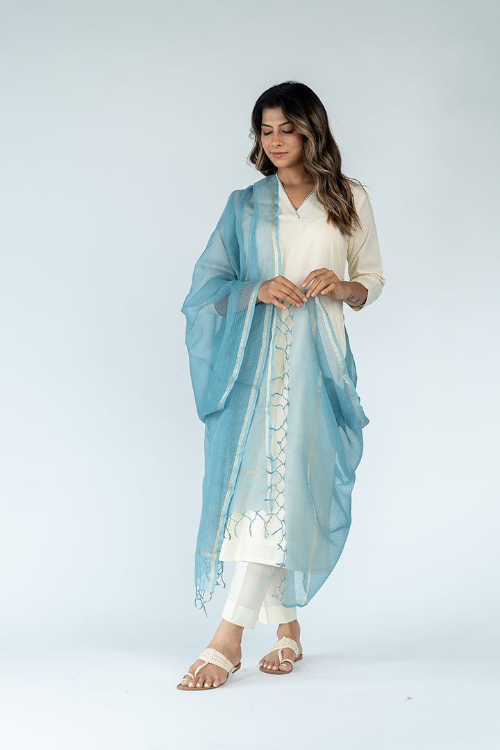 Cotton Kota Doria Dupatta - Slate Blue