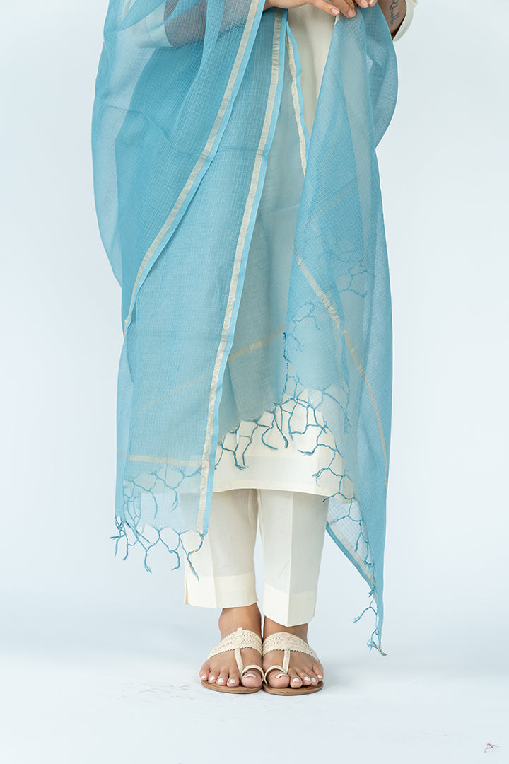 Cotton Kota Doria Dupatta - Slate Blue