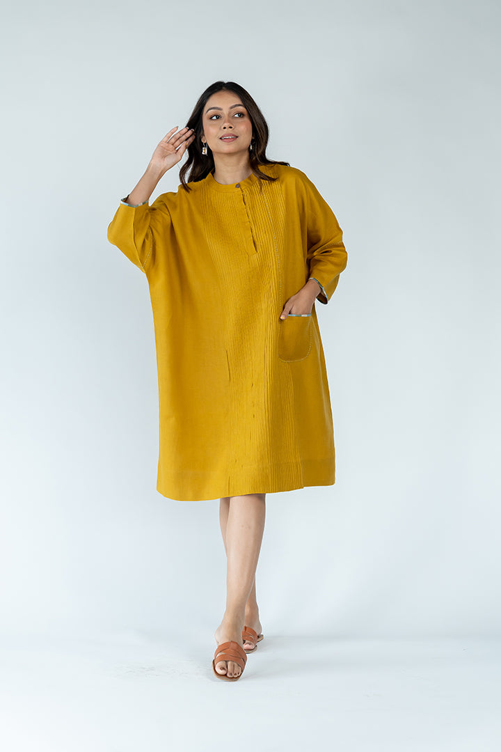 Linen Hand Embroidered Kaftan - Mustard Yellow