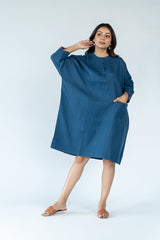 Linen Hand Embroidered Kaftan-  Navy Blue