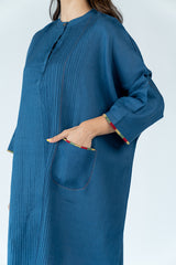 Linen Hand Embroidered Kaftan-  Navy Blue