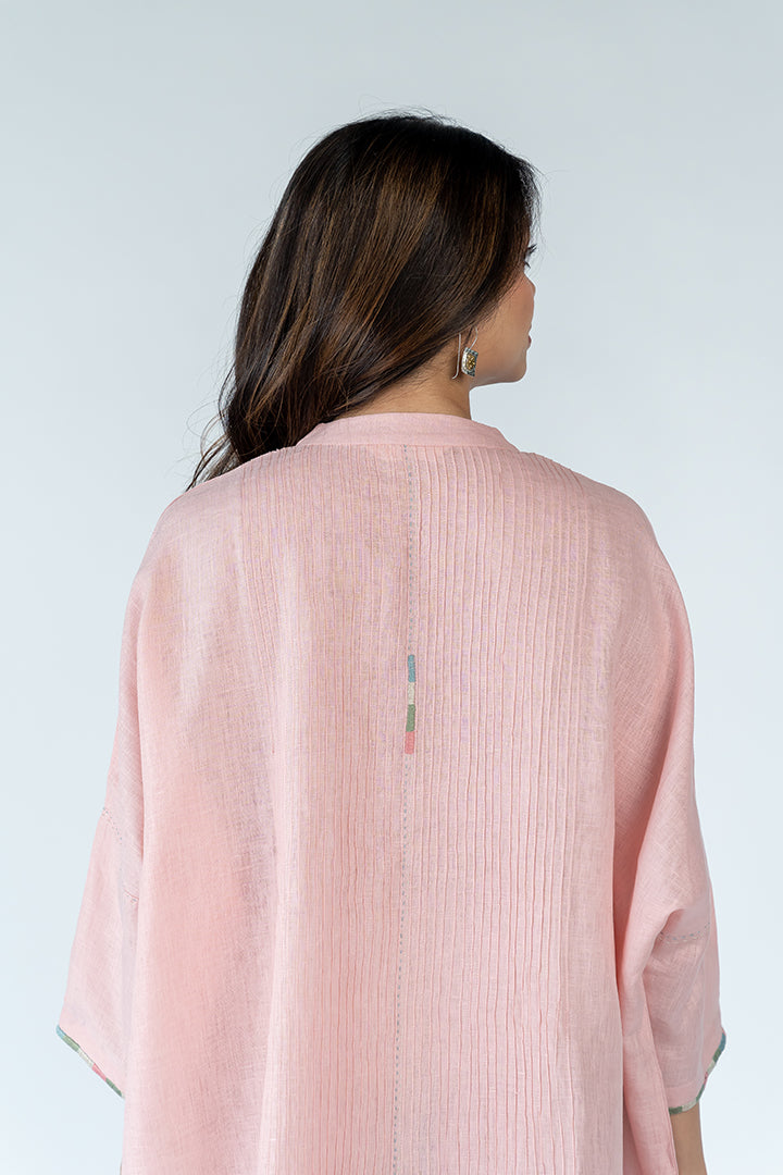 Linen Hand Embroidered Kaftan - Peach Pink