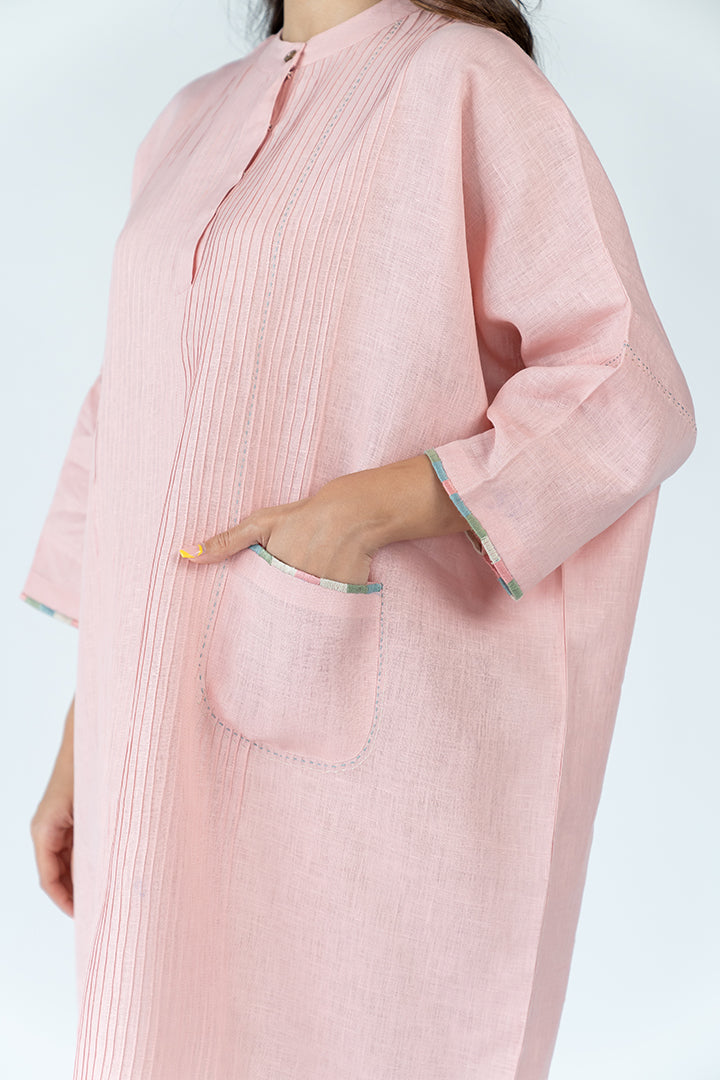 Linen Hand Embroidered Kaftan - Peach Pink