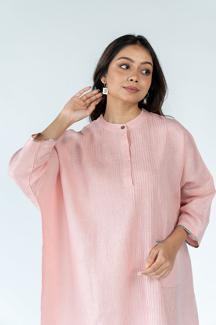 Linen Hand Embroidered Kaftan - Peach Pink