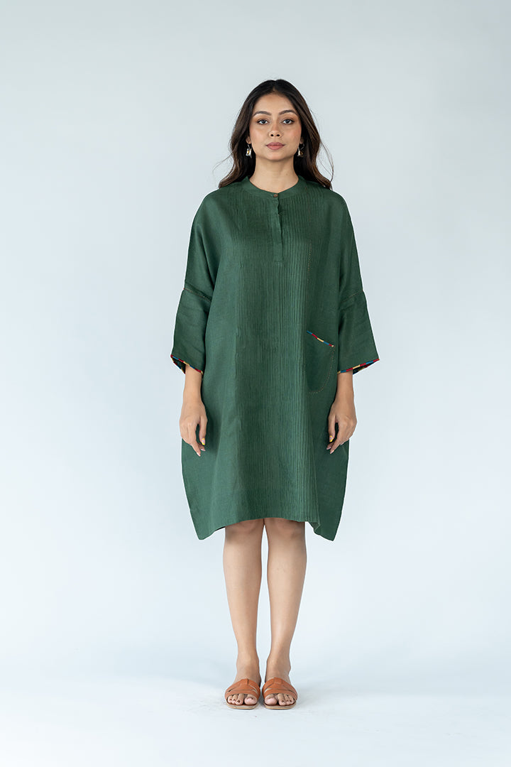 Linen Hand Embroidered Kaftan- Jade Green