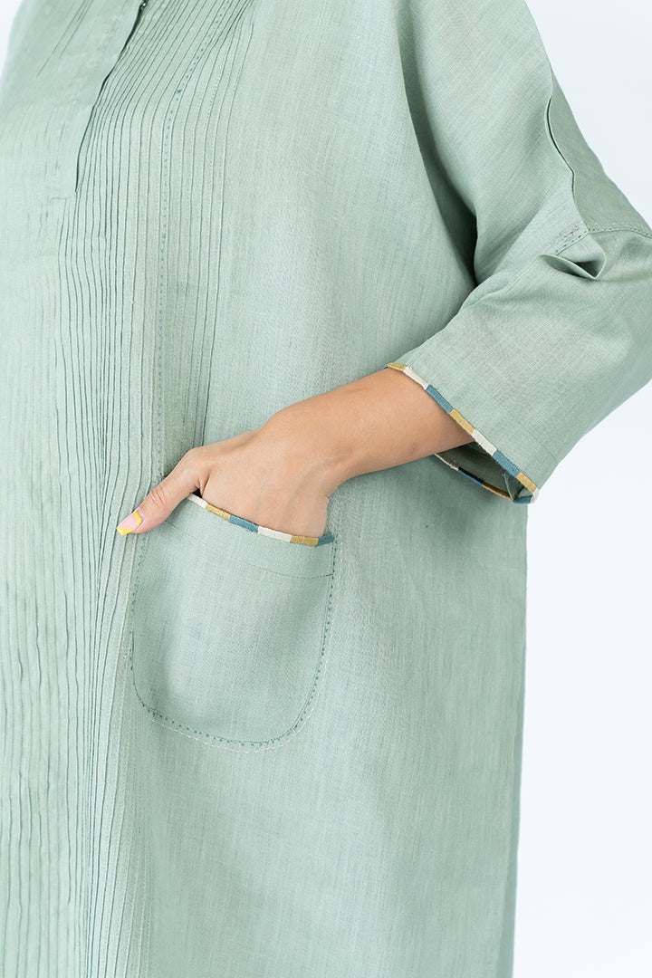 Linen Hand Embroidered Kaftan- Pista Green