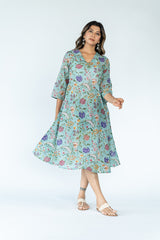 Cotton Hand Block Printed Dress - Turquoise Green