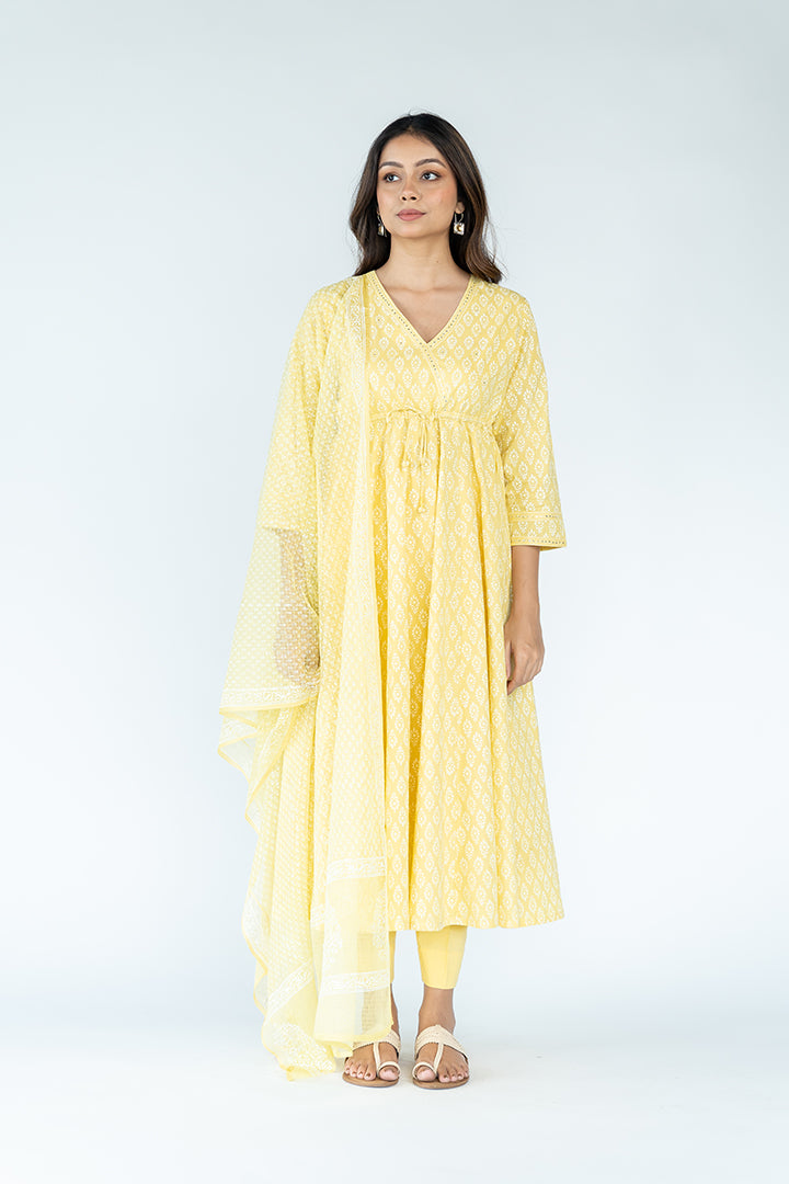 Cotton Khadi Printed Kurta-Lemon Yellow