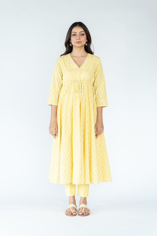 Cotton Khadi Printed Kurta-Lemon Yellow