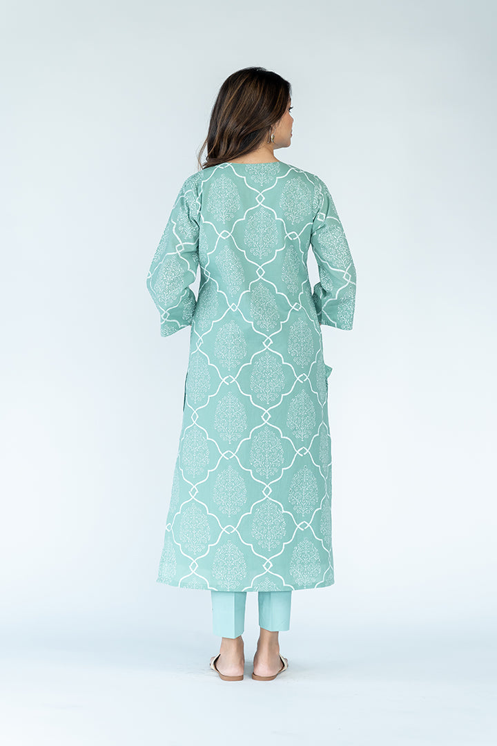 Cotton khadi Printed kurta-  Turquoise Green