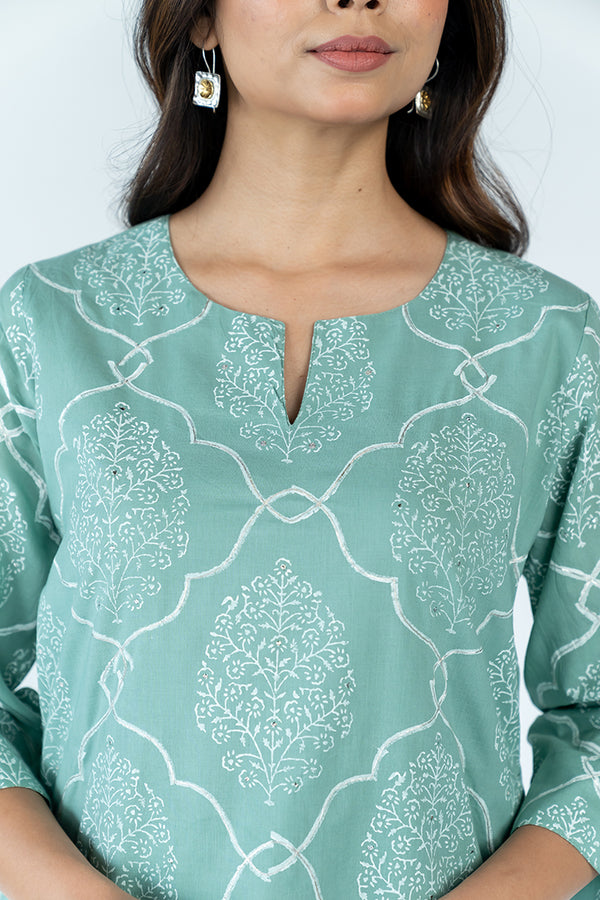 Cotton khadi Printed kurta-  Turquoise Green