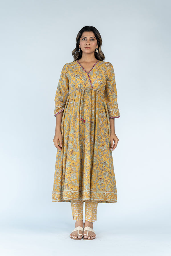 Hand Block Printed Cotton Kurta- Mustard Yellow