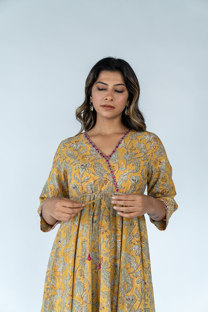 Hand Block Printed Cotton Kurta- Mustard Yellow