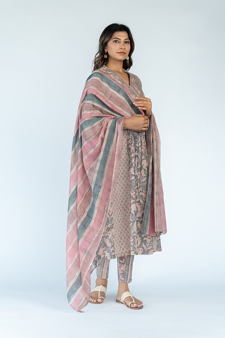 Cotton Woven Printed Dupatta - Turquoise and pink