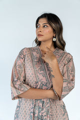 Hand Block Printed Cotton kurta - Turquoise and Pink