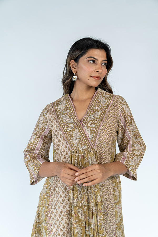 Hand Block Printed Cotton Kurta - Olive Green