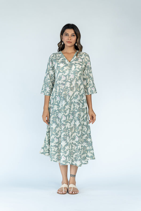 Cotton Hand Block Printed Dress - Olive Green