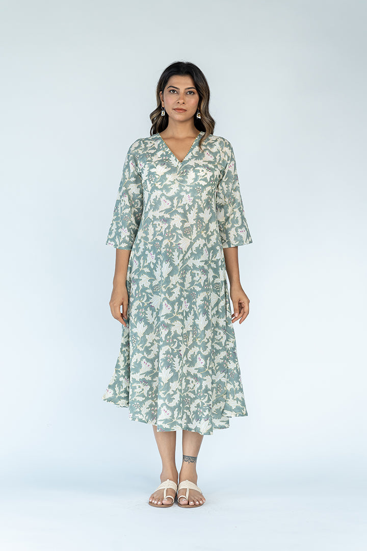 Cotton Hand Block Printed Dress - Olive Green