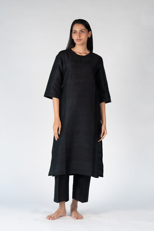 Raw Silk Kurta - Black