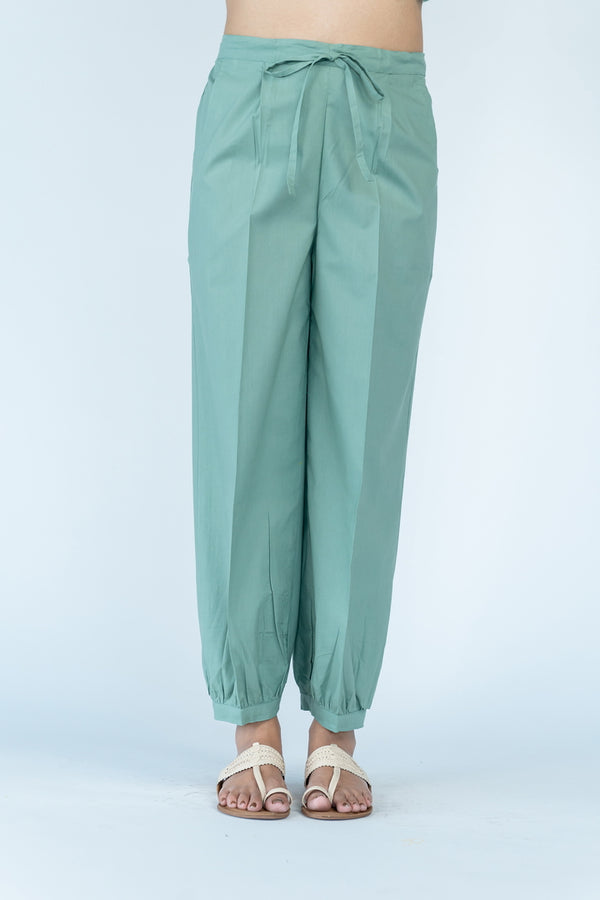 Cotton Straight Pant With Drawstring - Green