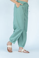 Cotton Straight Pant With Drawstring - Green