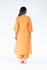 Cotton Tussar Round Neck Straight Kurta - Orange