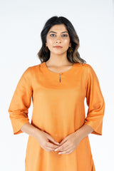 Cotton Tussar Round Neck Straight Kurta - Orange