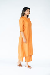 Cotton Tussar V Neck Straight Kurta - Orange