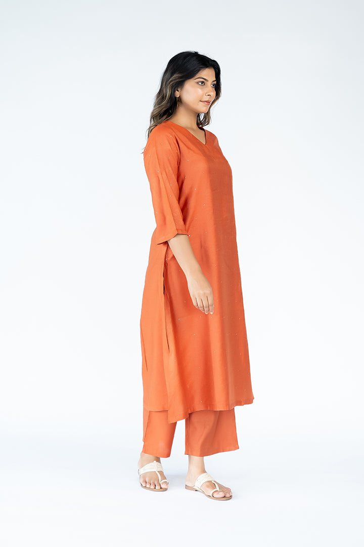 Cotton Tussar V Neck Straight Kurta - Rust