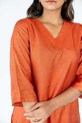 Cotton Tussar V Neck Straight Kurta - Rust