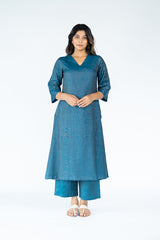 Cotton Tussar V Neck Straight Kurta - Blue