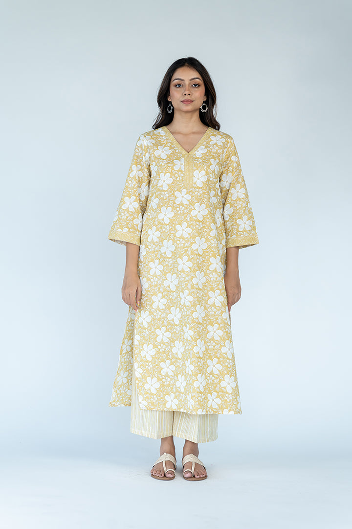 Cotton Printed kurta - Mustard Yellow