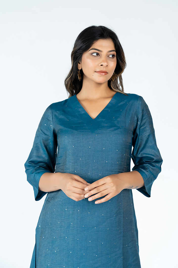 Cotton Tussar V Neck Straight Kurta - Blue