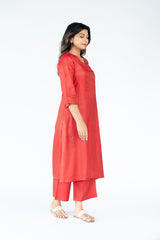 Cotton Tussar V Neck Straight Kurta - Red