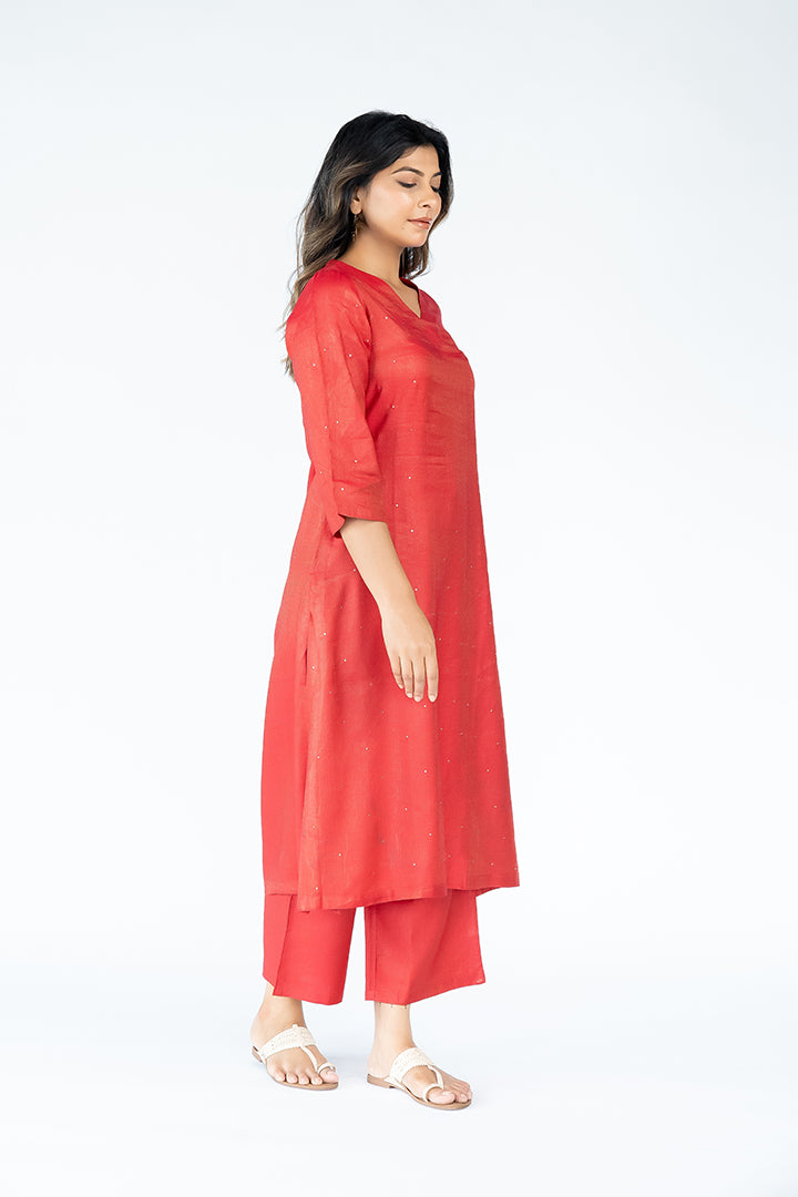 Cotton Tussar V Neck Straight Kurta - Red