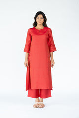 Cotton Tussar Round Neck Straight Kurta - Red