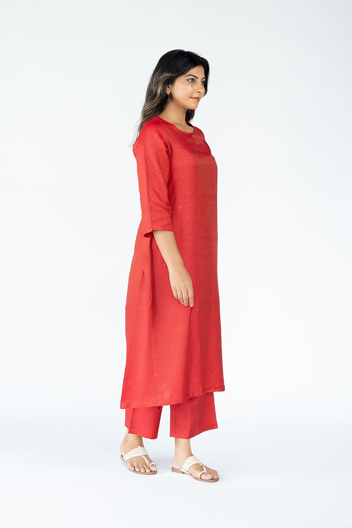 Cotton Tussar Round Neck Straight Kurta - Red