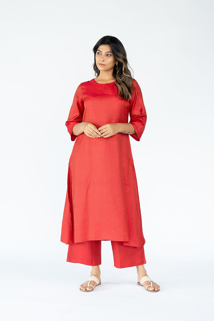 Cotton Tussar Parallel With Drawstring-Red
