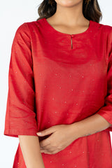 Cotton Tussar Round Neck Straight Kurta - Red