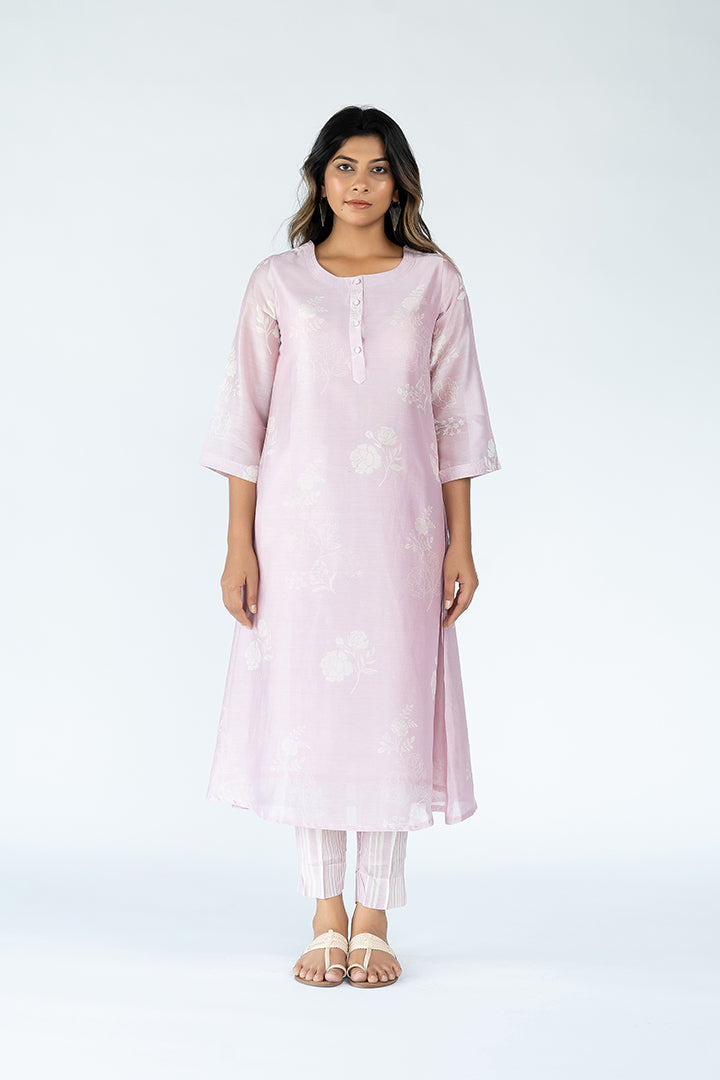 Chanderi Hand Block Printed Kurta- Onion Pink