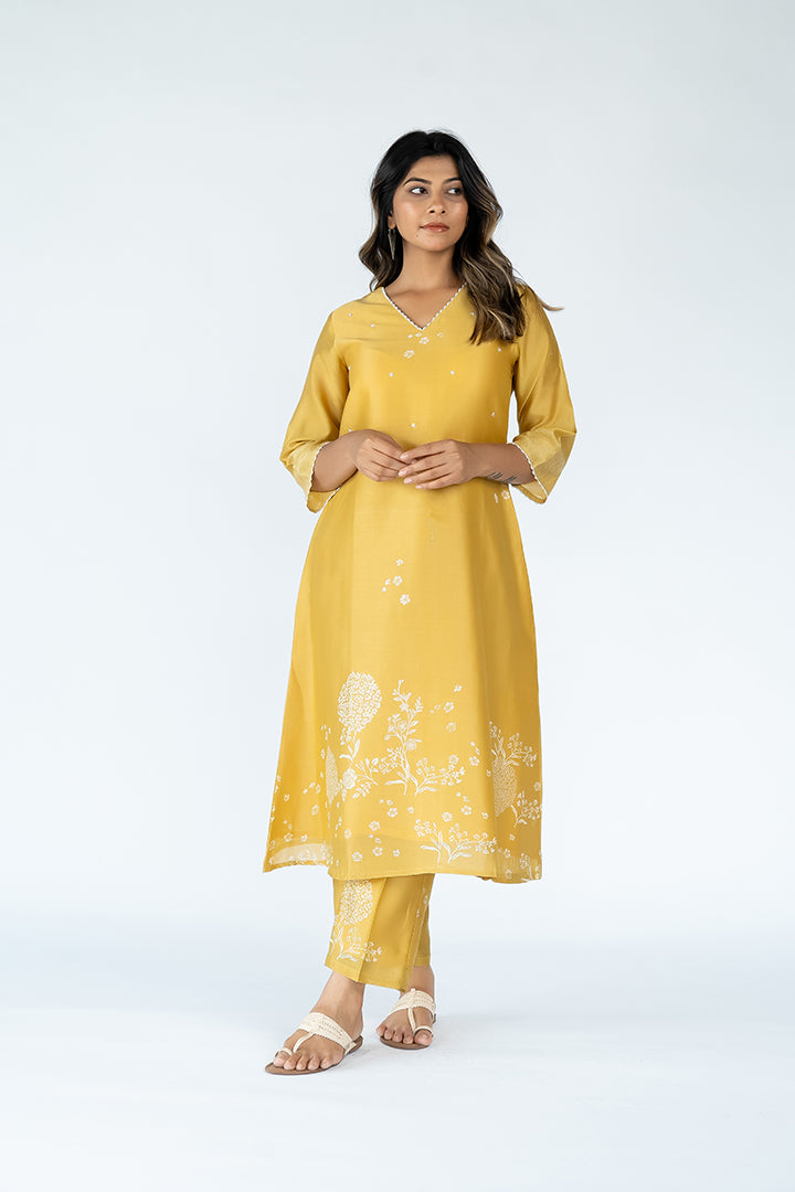 Chanderi Hand Block Printed Kurta- Mustard Yellow