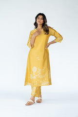 Chanderi Hand Block Printed Parallel - Mustard Yellow